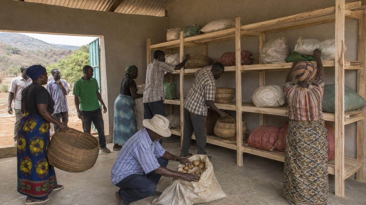 Women and men in Chepareria, West Pokot, load sacks of produce onto the newly built shelving inside the Uwezo Project storage hall